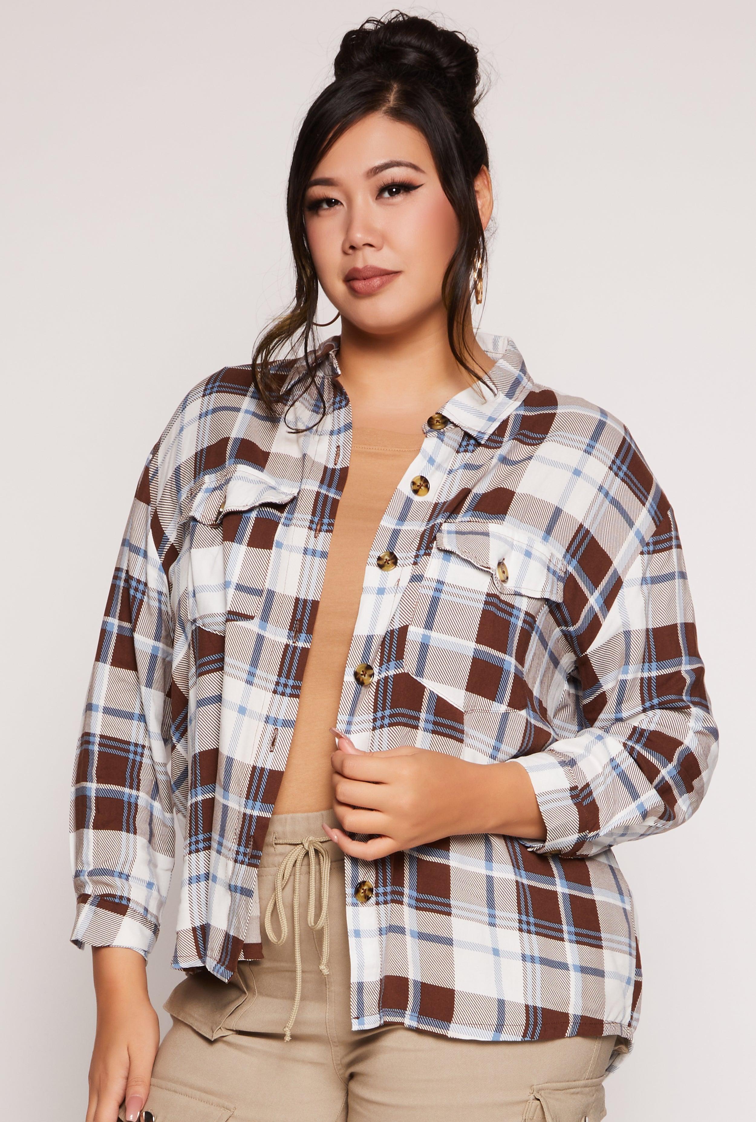 Womens Plus Size Plaid Button Front Long Sleeve Shirt Product Image