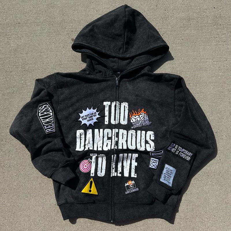 Vintage Too Dangerous To Live Graphic Acid Washed Oversized Zip-Up Hoodie Product Image