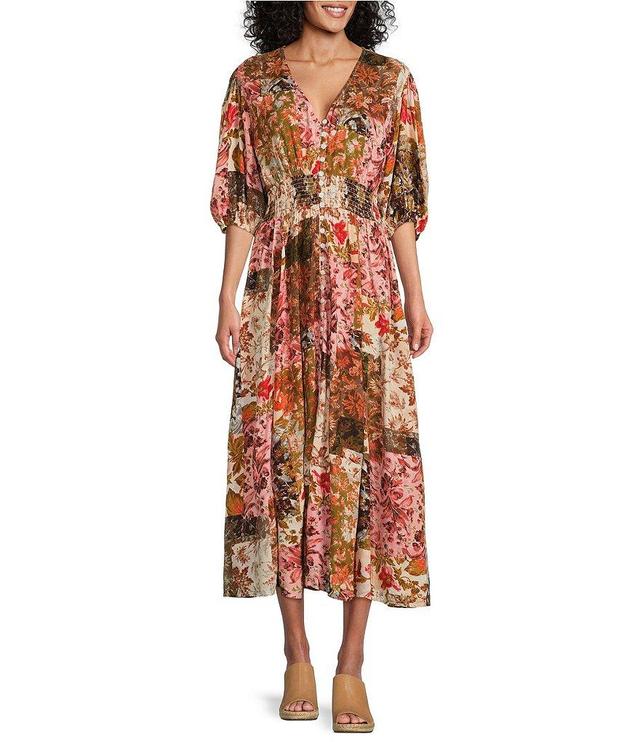 Talisman Halo Enchanted Floral Patchwork Print V-Neck Short Puffed Sleeve Midi Dress Product Image