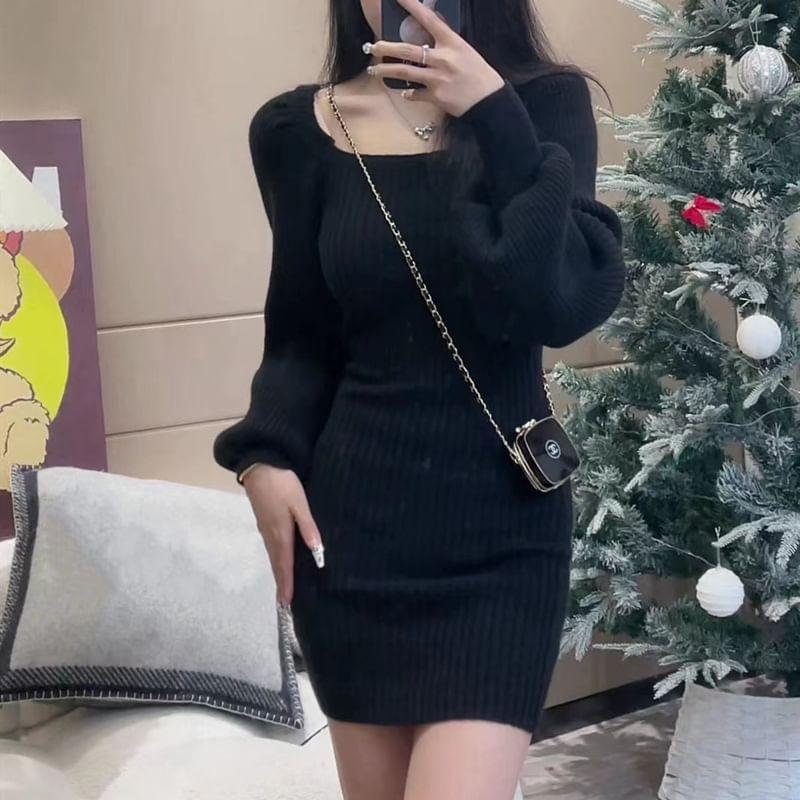 Long Sleeve Square Neck Plain Ribbed Knit Mini Bodycon Dress Product Image