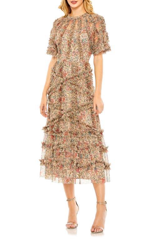 Womens Ruffled Floral Mesh Midi-Dress Product Image