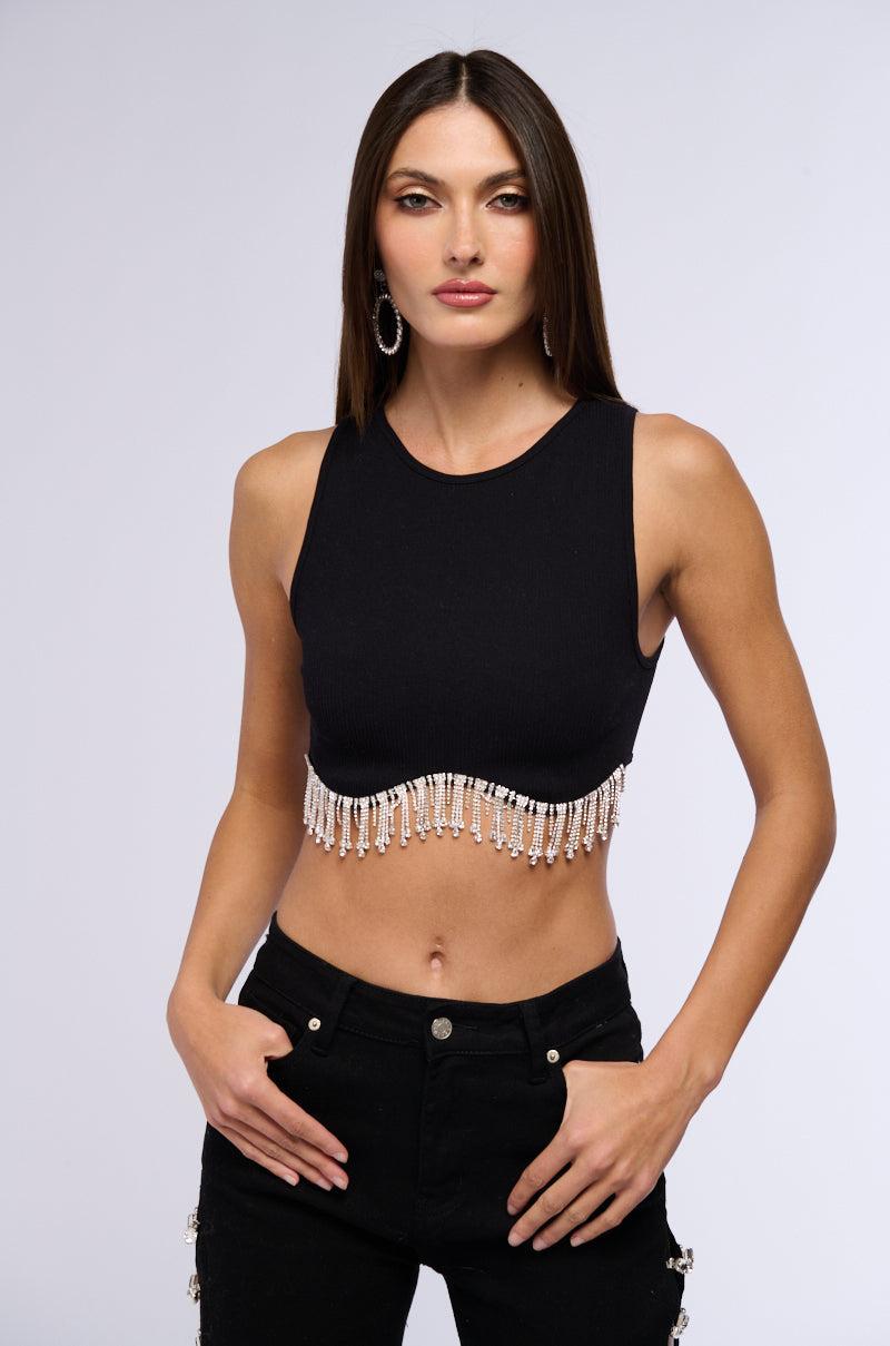 MAKE YOU BELIEVE IT RHINESTONE FRINGE TANK IN BLACK Product Image