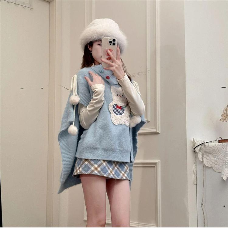 Mock Neck Cat Applique Sweater / Plaid Mini Skirt / Set Product Image