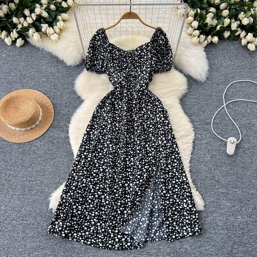 Floral Print Scoop Neck Short Sleeve Split Maxi A-Line Dress Product Image