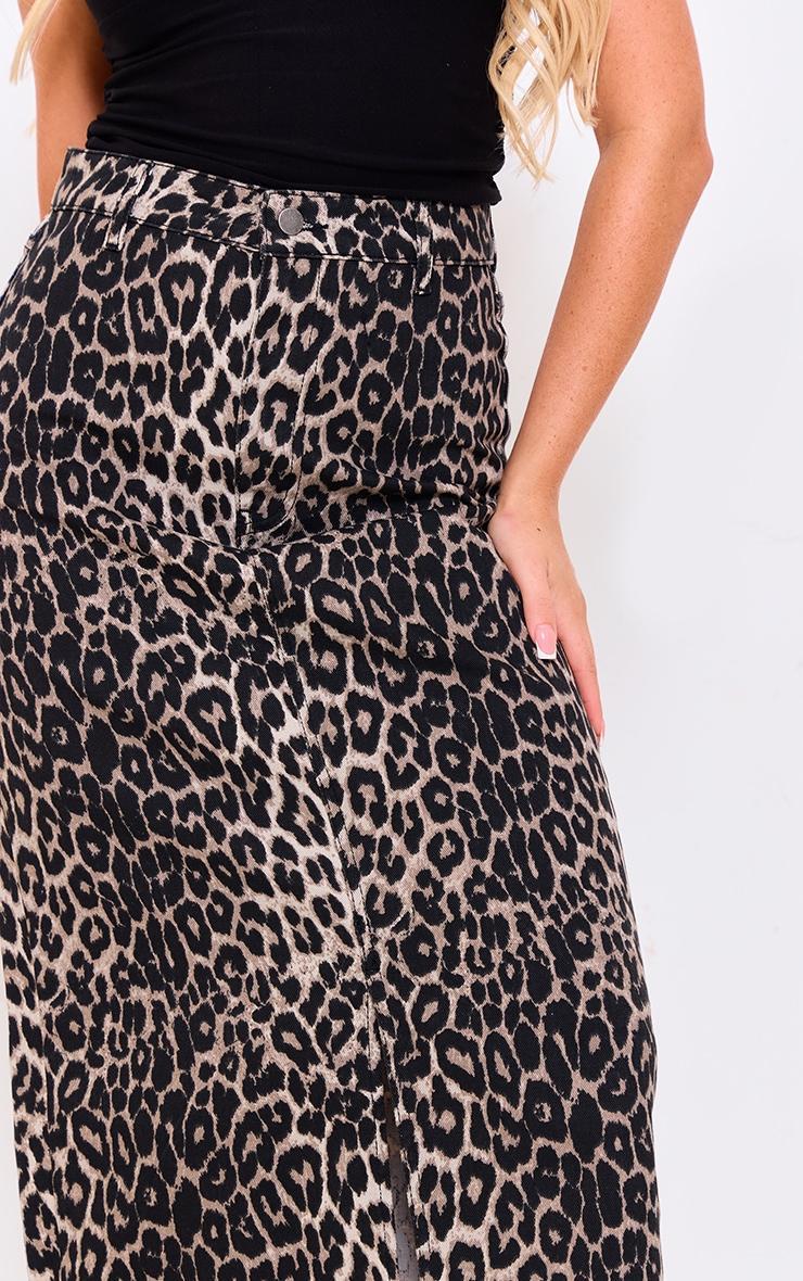 Brown Leopard Print Denim Midaxi Skirt Product Image