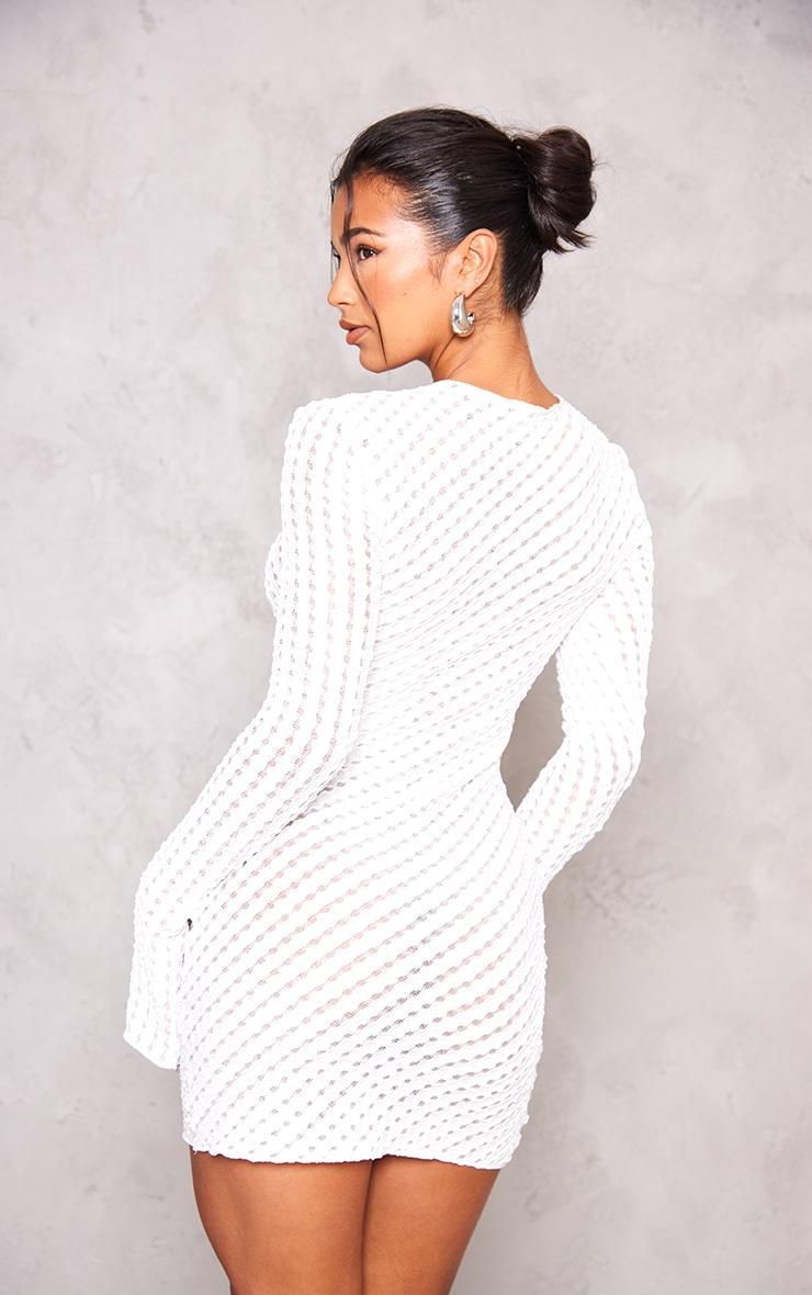  White Crinkle Texture Long Sleeve Bodycon Dress Product Image