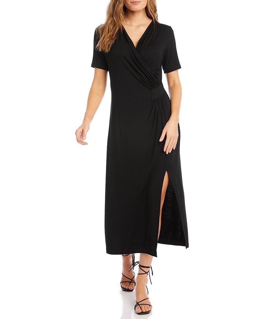 Karen Kane Knit Jersey Surplice V-Neck Short Sleeve Side Slit Faux Wrap Midi Dress Product Image