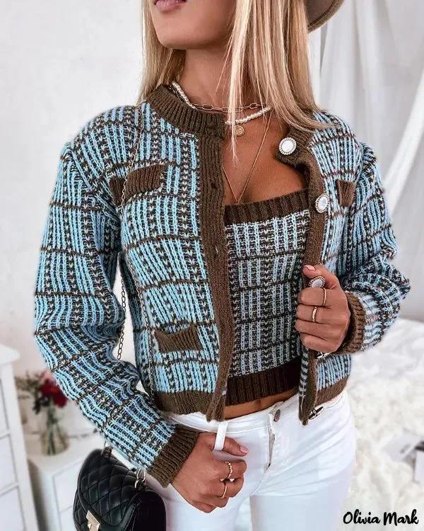 Olivia Mark – Buttoned color block tweed cardigan with crop top Product Image