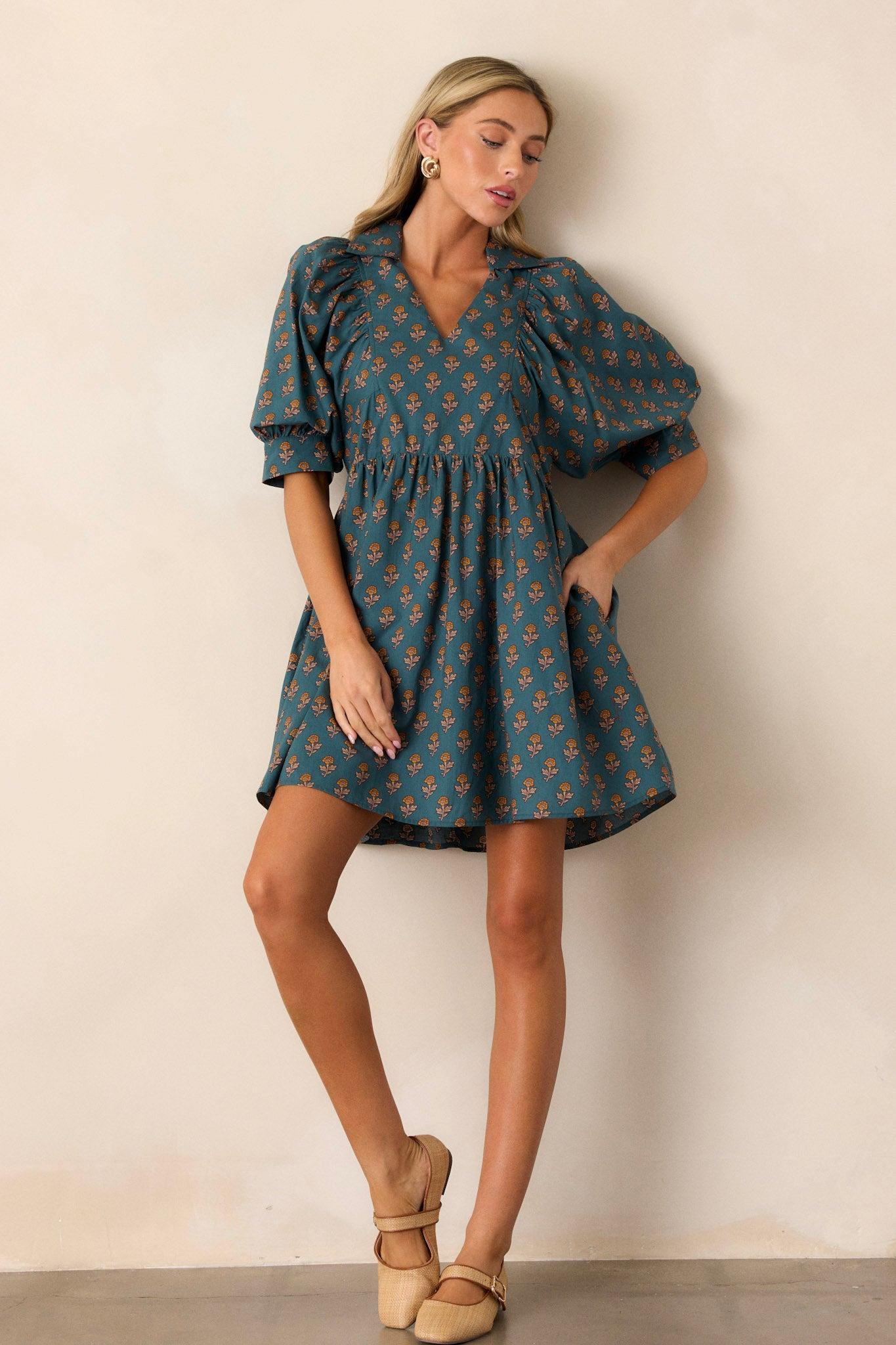 Look On Your Face Teal Floral Mini Dress Product Image