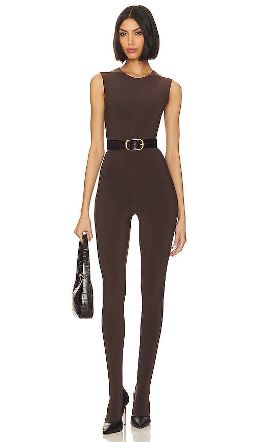 Norma Kamali Snake Mesh Catsuit With Footsie in Chocolate. Product Image