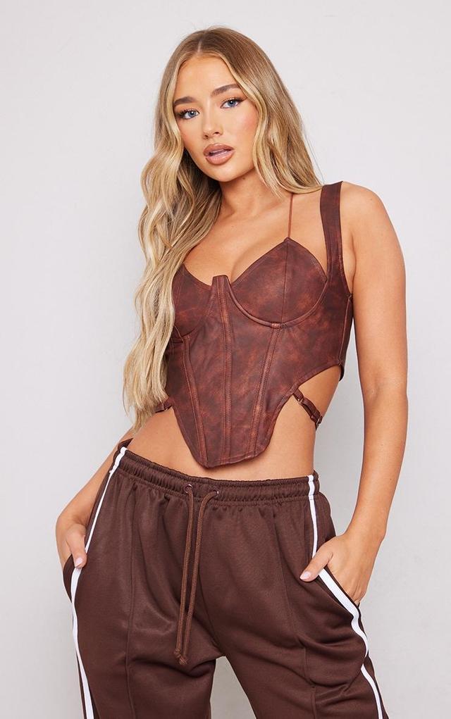 Brown Washed Faux Leather Cross Halterneck Dip Hem Corset Product Image