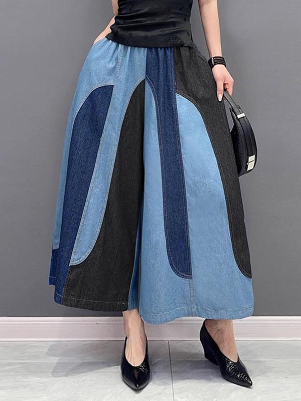 Loose Wide Leg Contrast Color Elasticity Split-Joint Jean Pants Bottoms Product Image