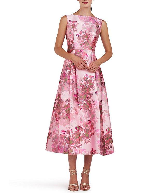 Kay Unger Floral Mikado Boat Neckline Sleeveless Fit and Flare Dress Product Image