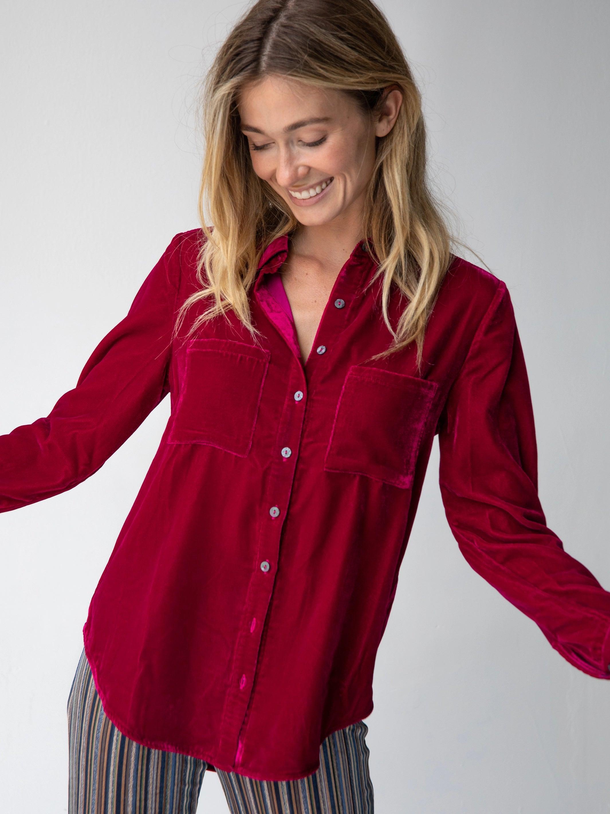 Rocky Velvet Button Down - Dark Magenta Product Image