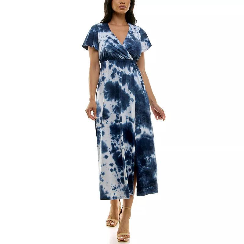 Womens Nina Leonard Tie Dye Print Flutter Sleeve V-Neck Maxi Dress Green Team Product Image