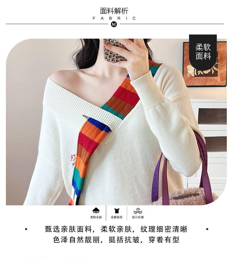 Maternity V-Neck Plain Striped Panel Sweater Product Image