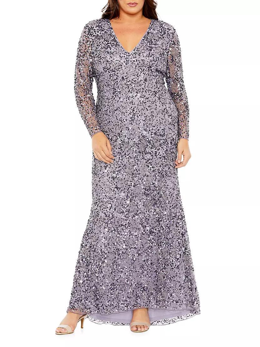 Plus Size V-Neck Sequin Embellished Long-Sleeved Gown Product Image