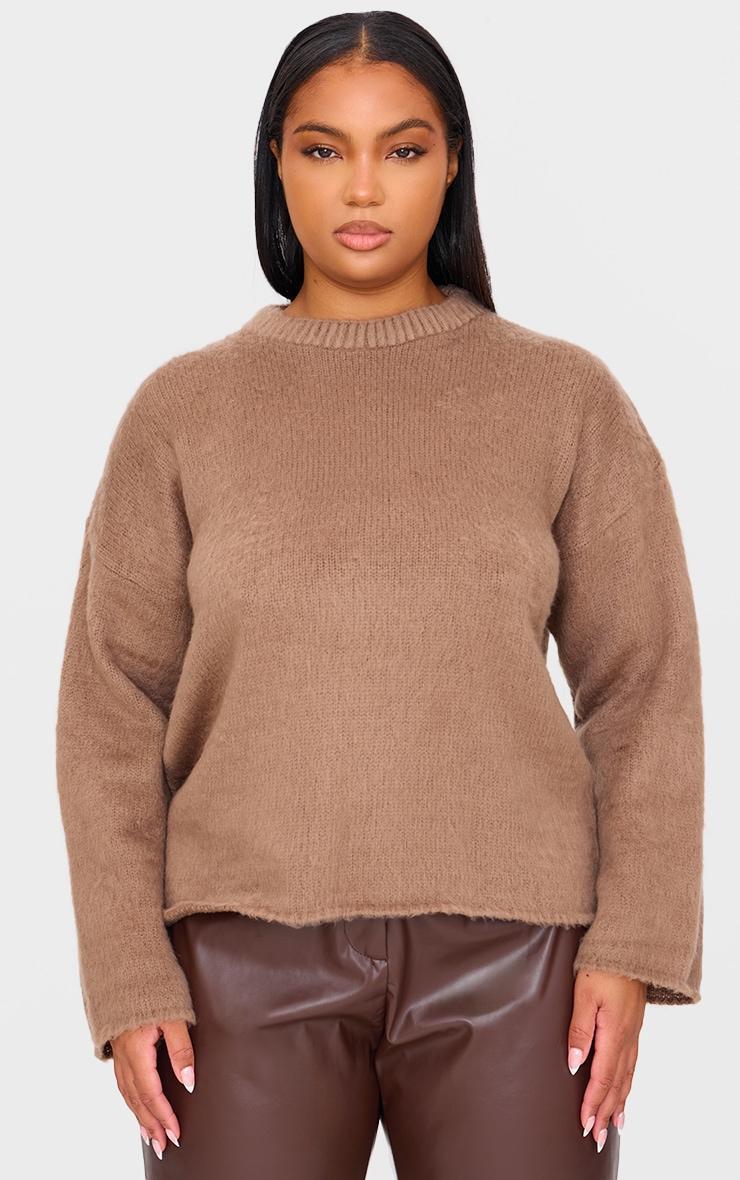 Plus Brown Stripe Fluffy Knit Oversized Sweater Product Image