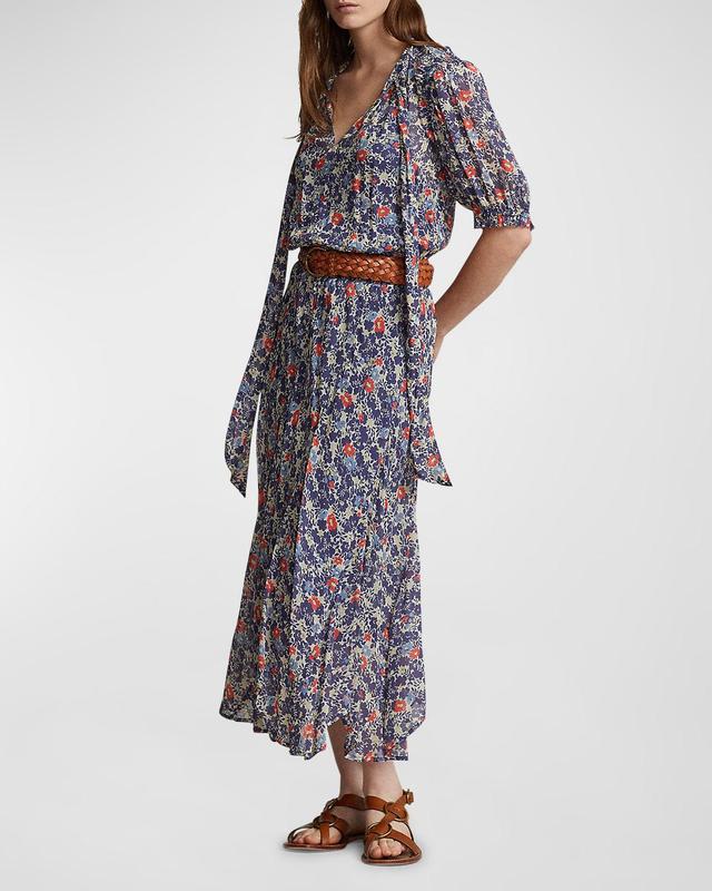 Floral Tie-Neck Georgette Midi Dress Product Image