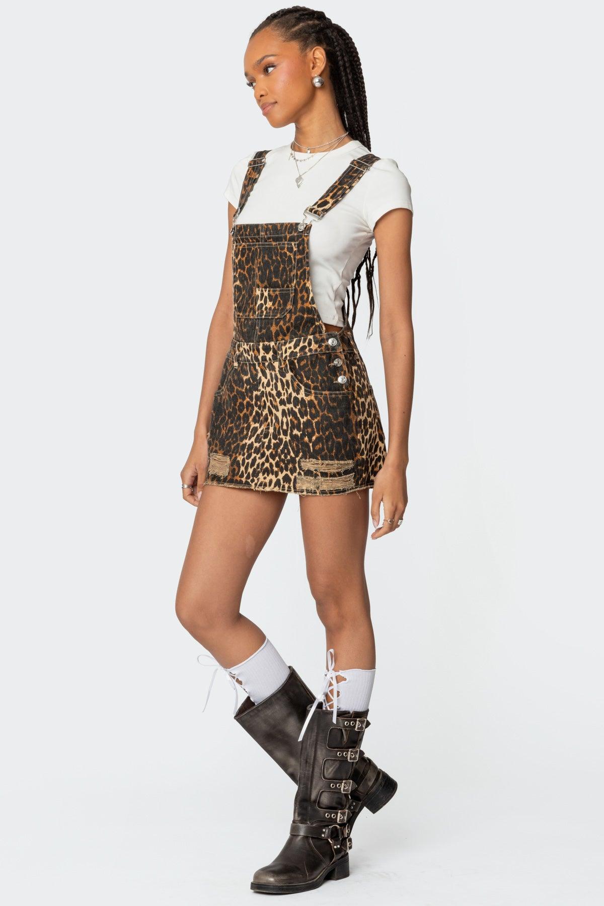 Leopard Denim Overall Mini Dress Product Image