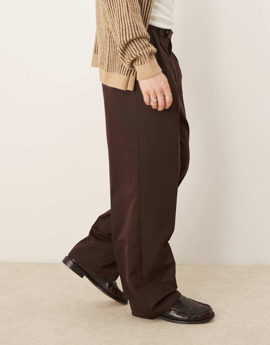 ASOS DESIGN smart wide leg pants with double pleats in brown Product Image