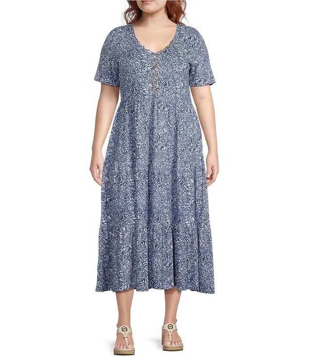 Intro Plus Size Cotton Slub Jersey Knit Short Sleeve Tiered A-Line Midi Dress Product Image