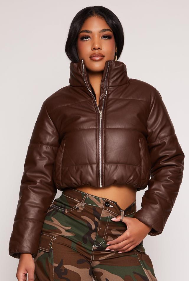 Womens Faux Leather Funnel Neck Puffer Jacket Product Image