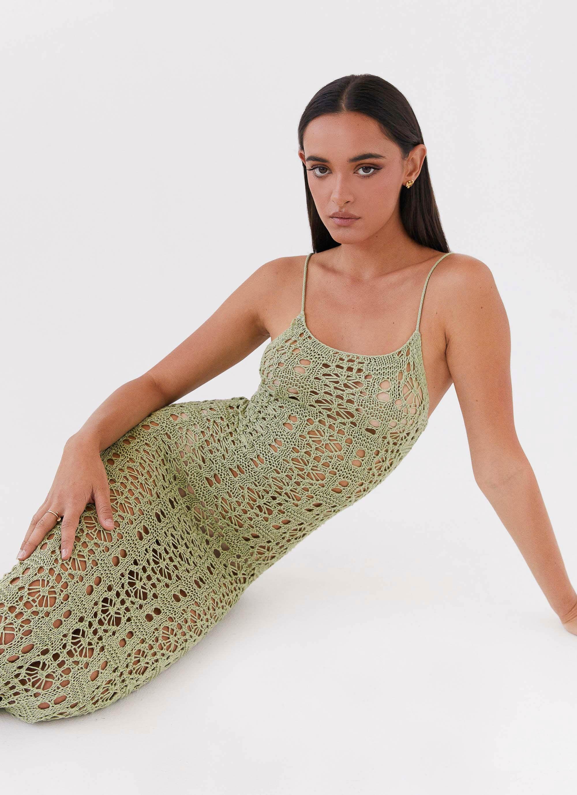 Luxora Crochet Maxi Cami Dress - Light Olive Product Image