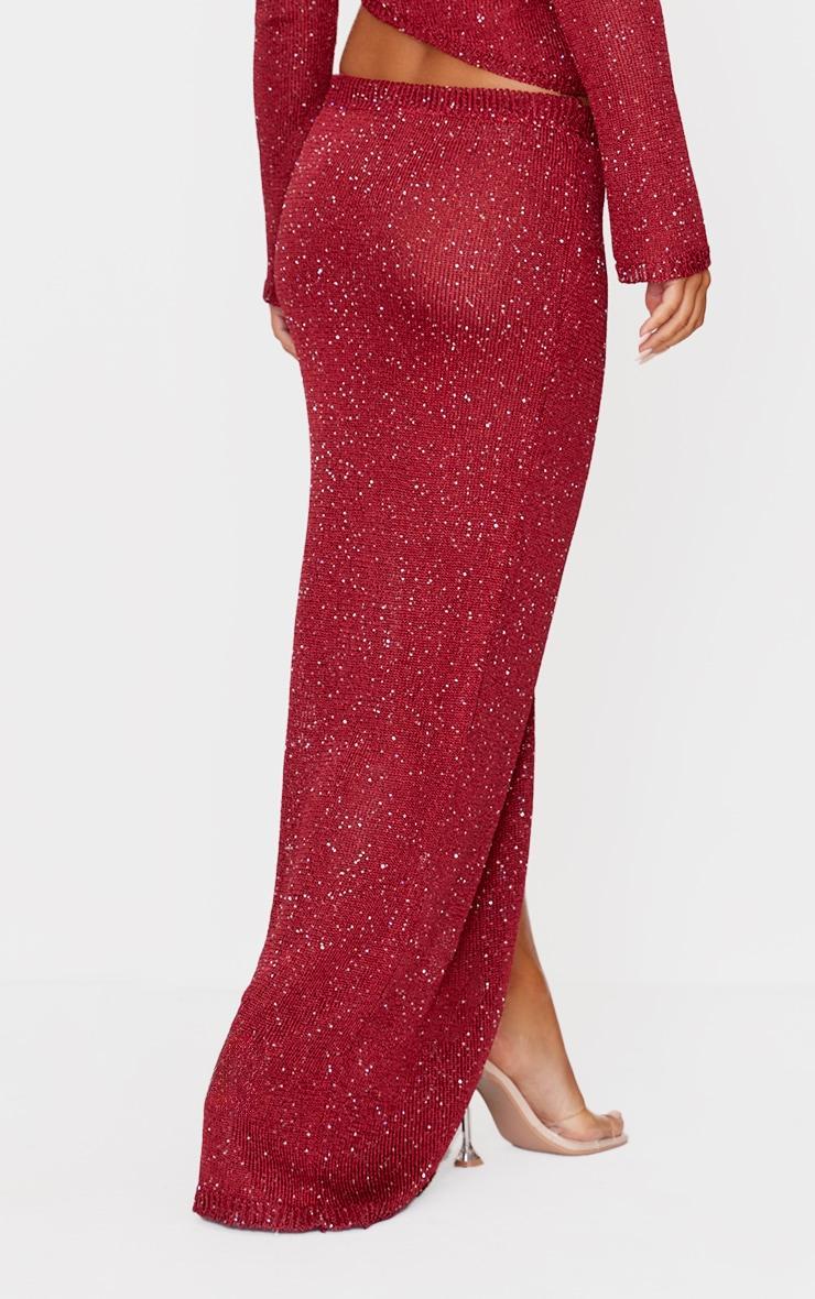 Wine Sequin Knit Side Split Maxi Skirt Product Image