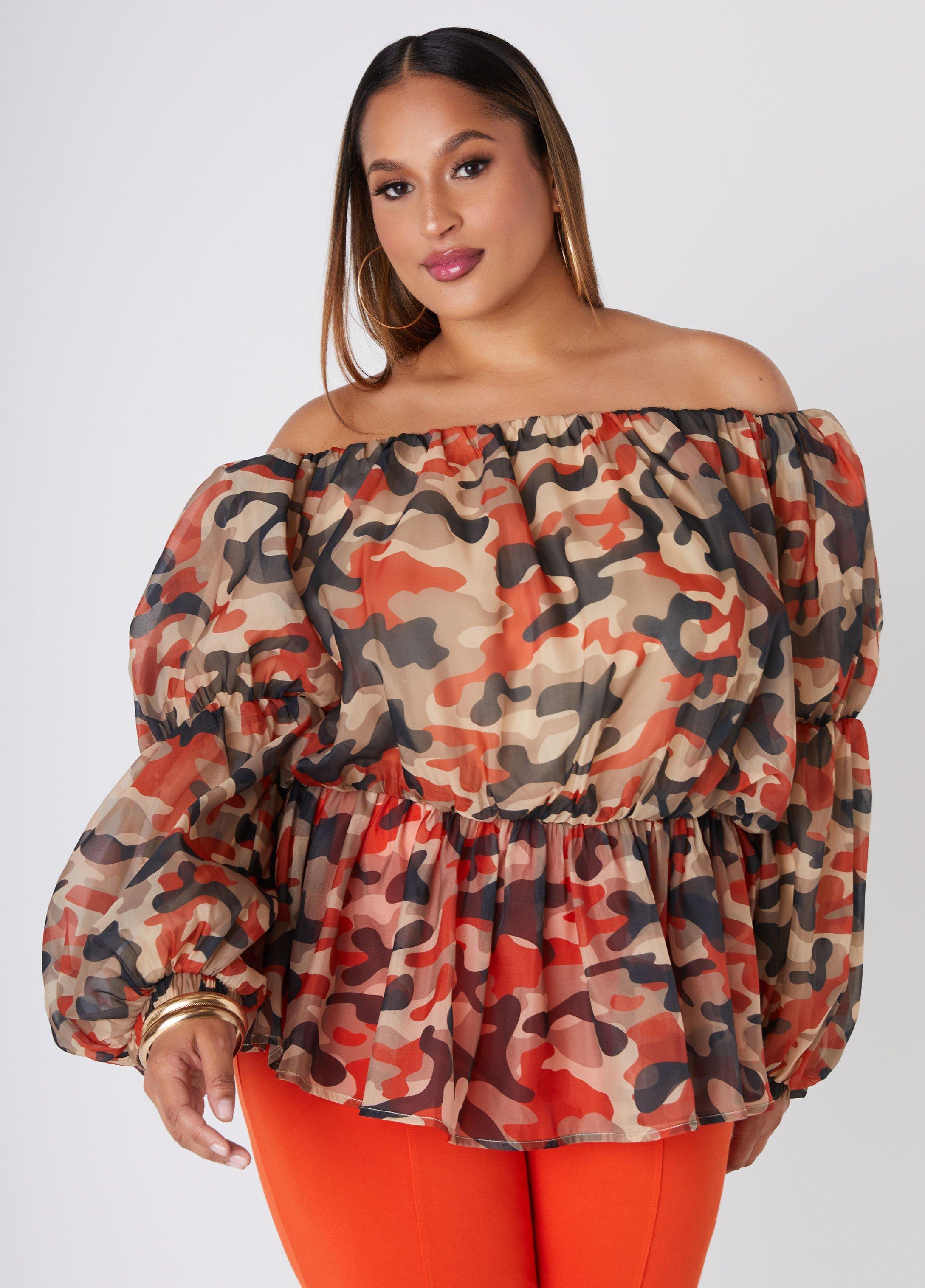 Plus Size Camo Off The Shoulder Organza Top Ashley Stewart Product Image