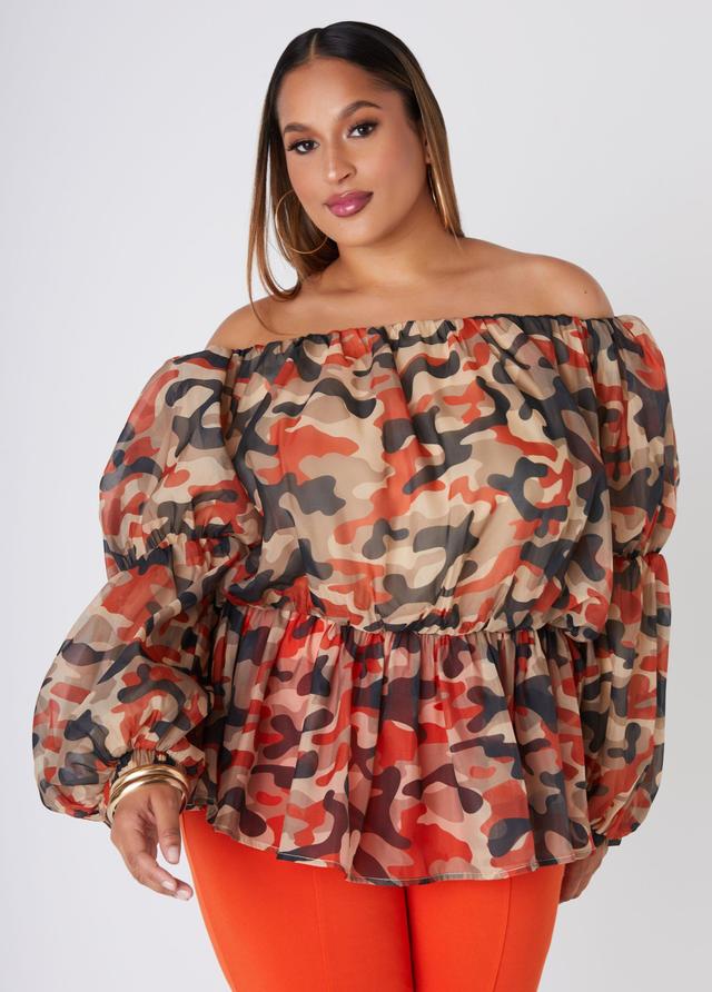 Plus Size Camo Off The Shoulder Organza Top Ashley Stewart Product Image