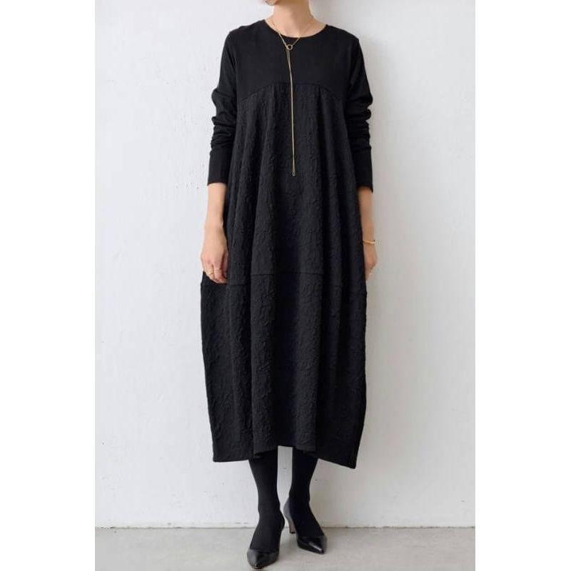 Long-Sleeve Crew Neck Plain Midi A-Line Dress Product Image