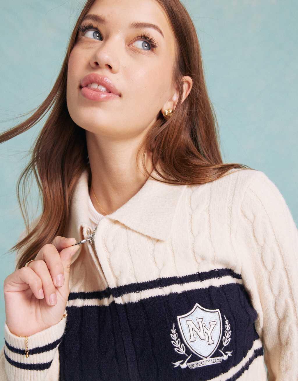 Miss Selfridge varsity zip through collar cardigan in cream Product Image