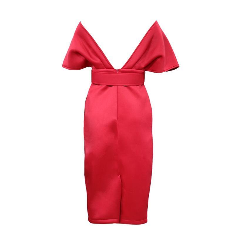 Off Shoulder Plain Midi Sheath Dress Product Image