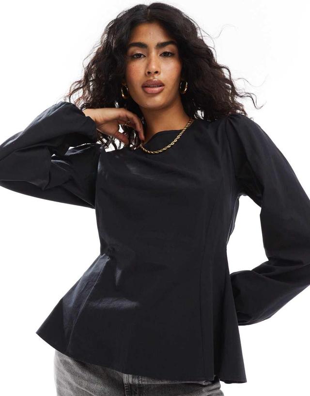 ASOS DESIGN tie back long fitted blouse in black Product Image