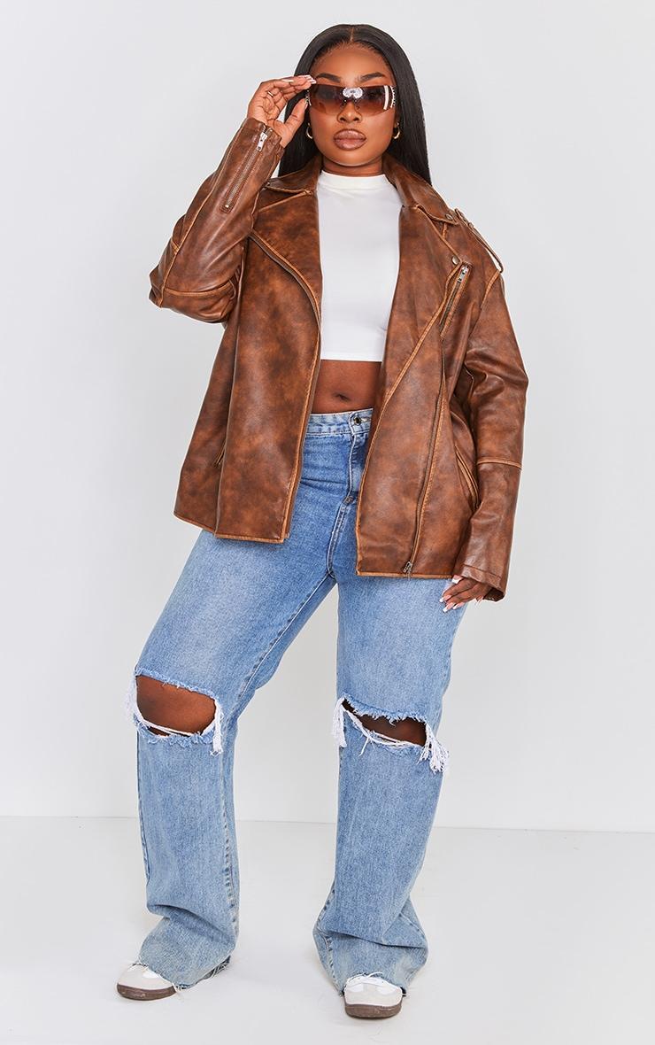 Plus Brown Distressed Faux Leather Biker Jacket Product Image