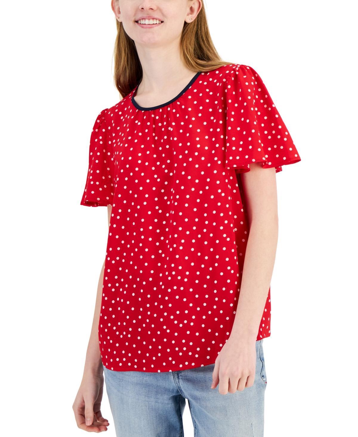 Tommy Hilfiger Womens Dot-Print Flutter-Sleeve Top Product Image