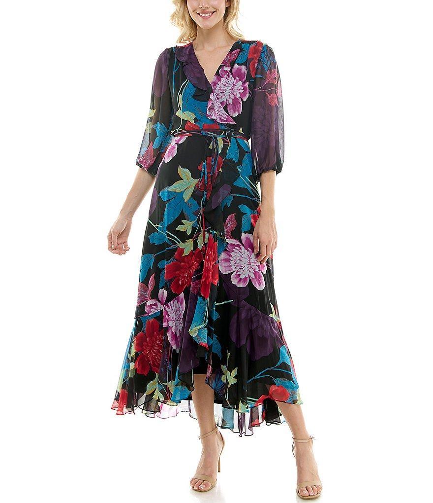 Maison Tara 3/4 Sleeve V-Neck Ruffle Detail Floral Print Chiffon Faux Wrap Dress Product Image