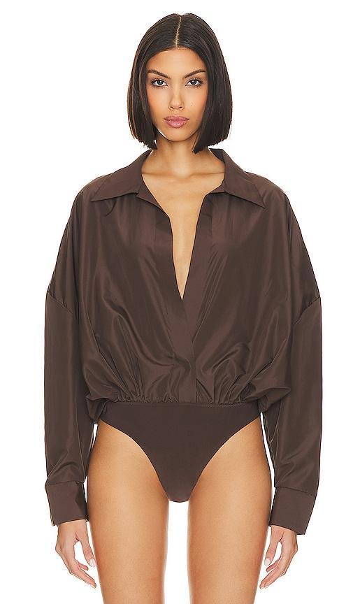 Norma Kamali Super Oversized Boyfriend Shirt Bodysuit Chocolate. (also in L, S, XS). Product Image