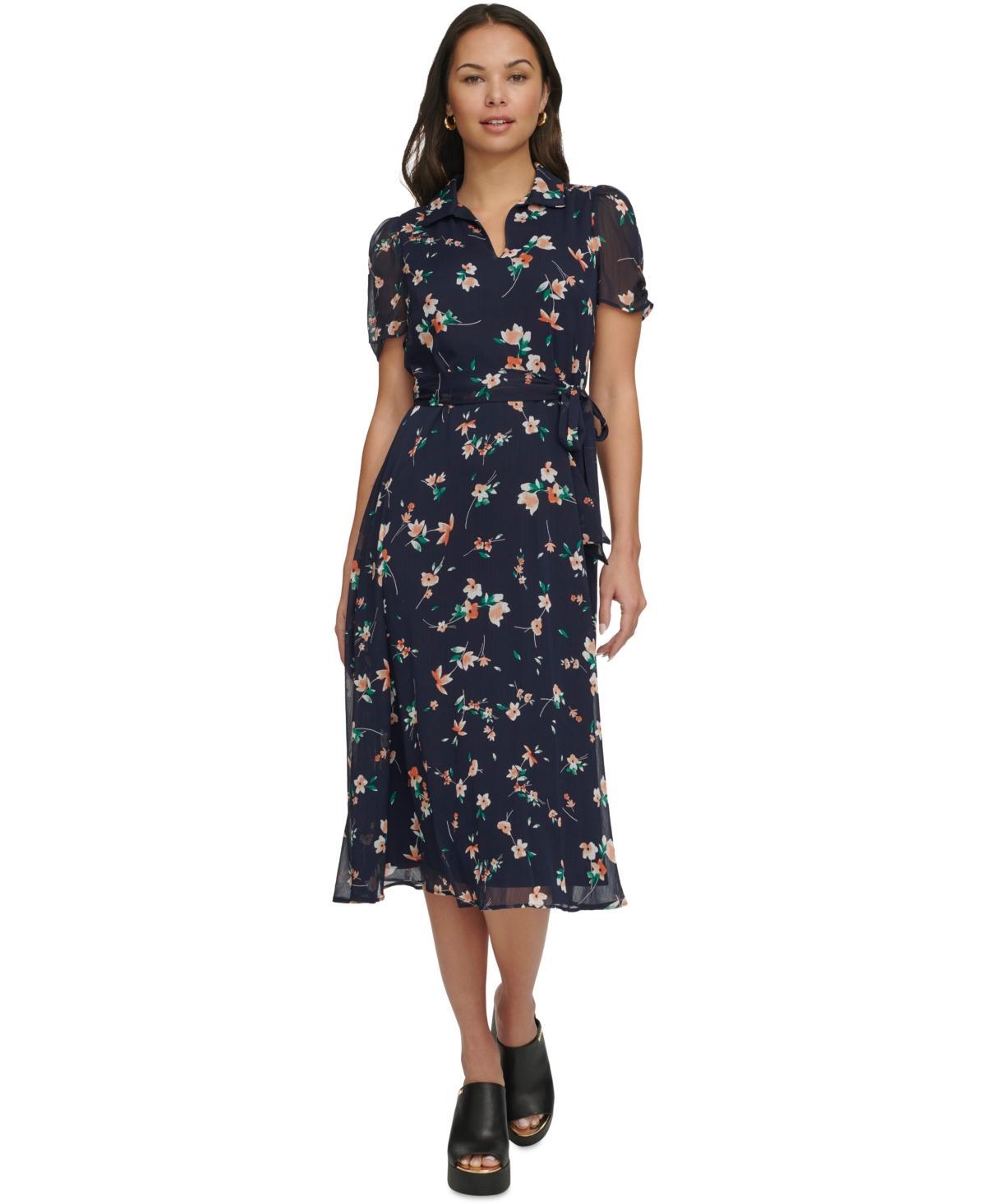 Dkny Womens Floral Chiffon Polo-Collar Midi Dress product image