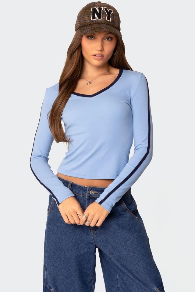 Contrast V Neck Long Sleeve T Shirt Product Image