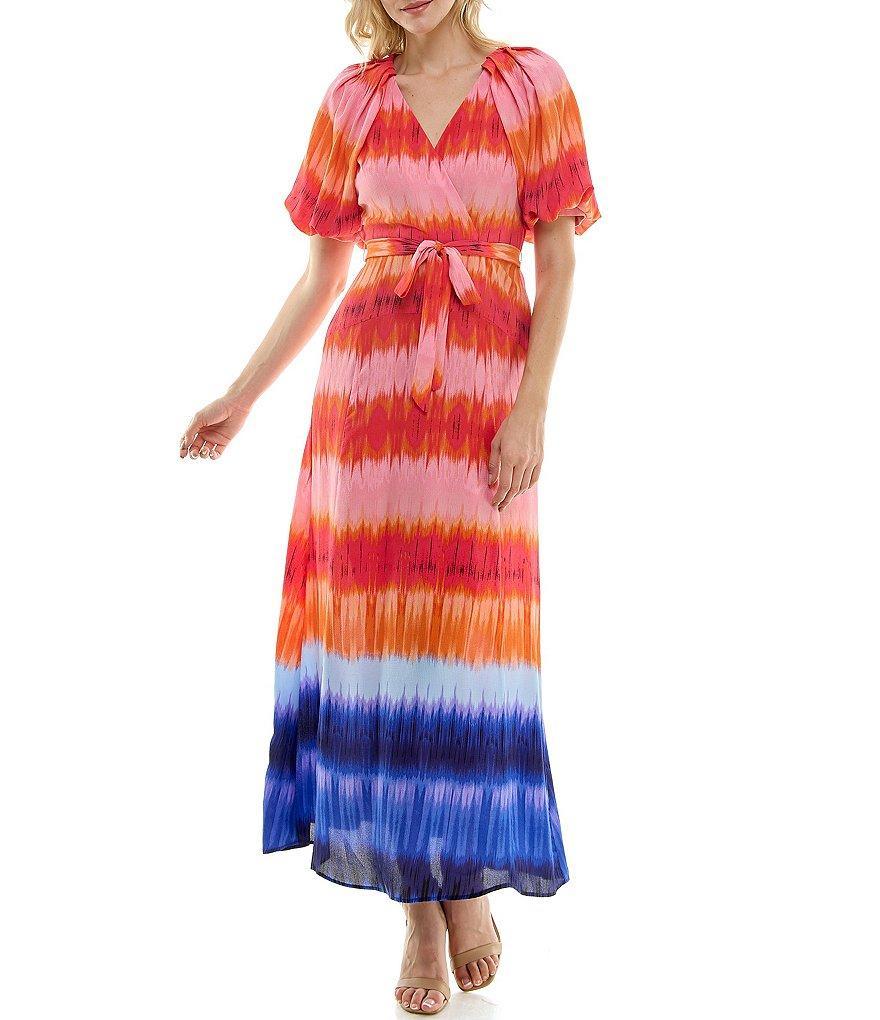 Maison Tara Short Puff Sleeve V-Neck Tie Waist Tie Dye Printed Maxi Dress Product Image