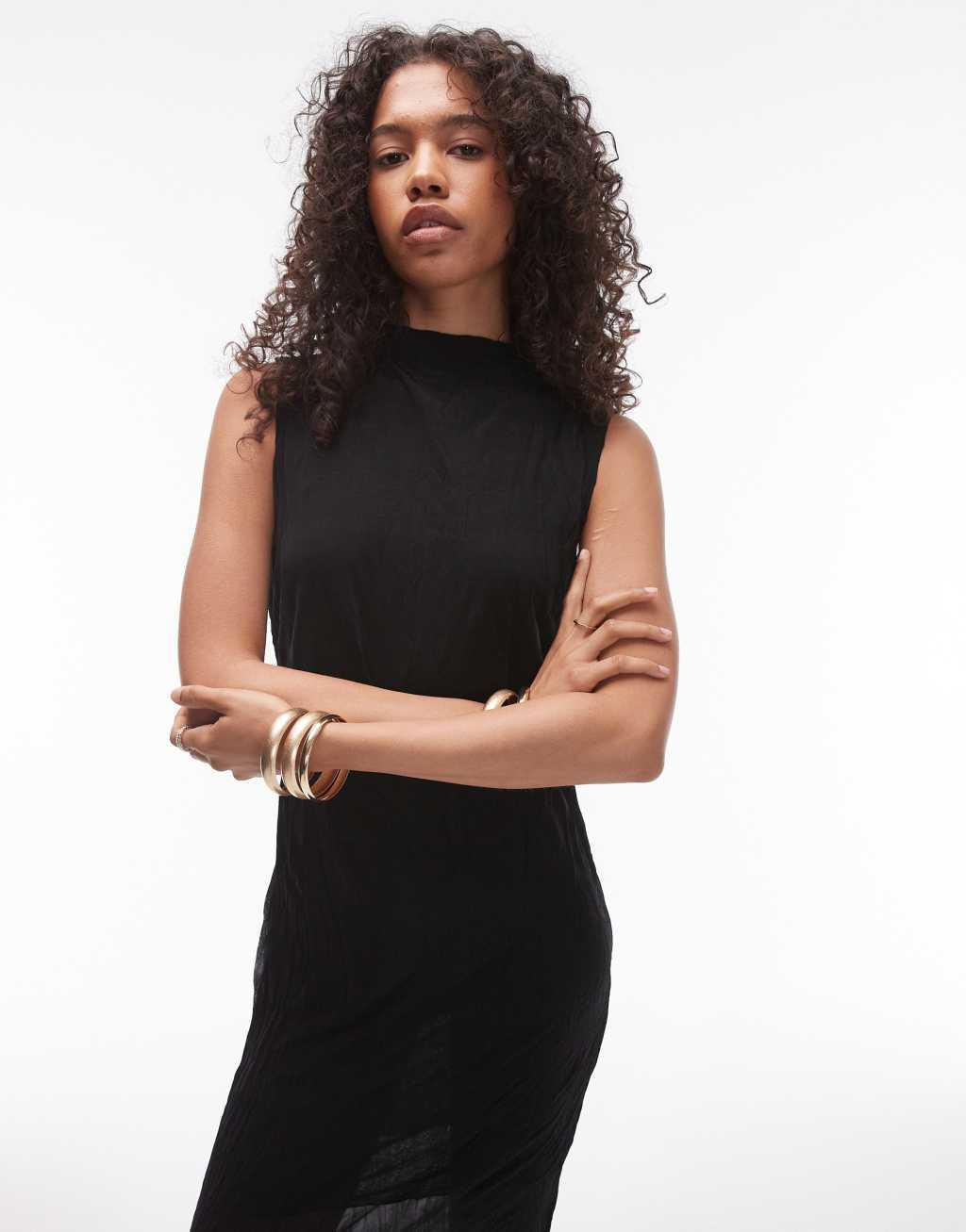 Topshop sleeveless relaxed crinkle midi dress in black Product Image