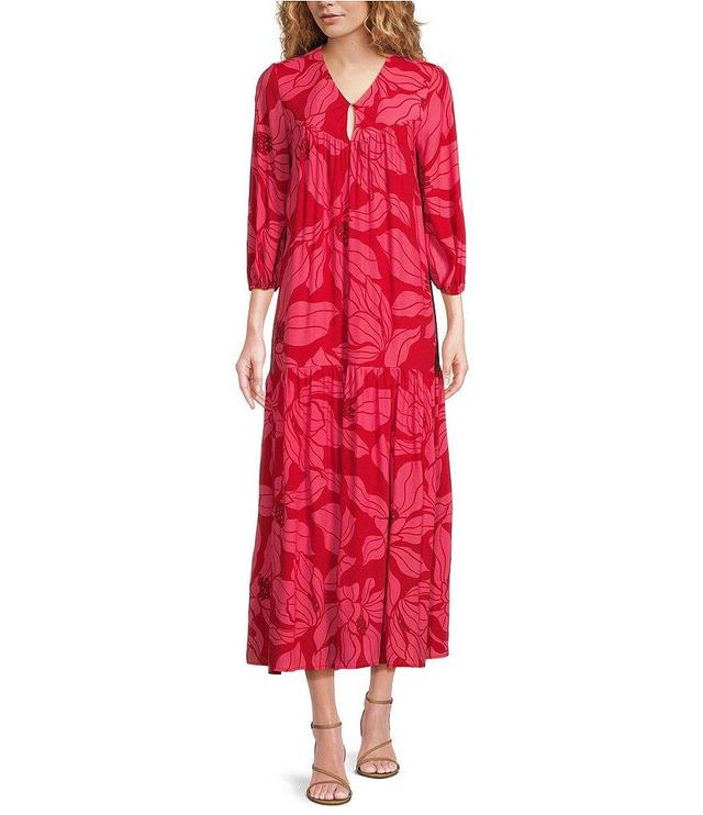 COREY LYNN CALTER Frida Crepe Floral Print Split V-Neck 3/4 Sleeve Drop waist Midi Dress Product Image