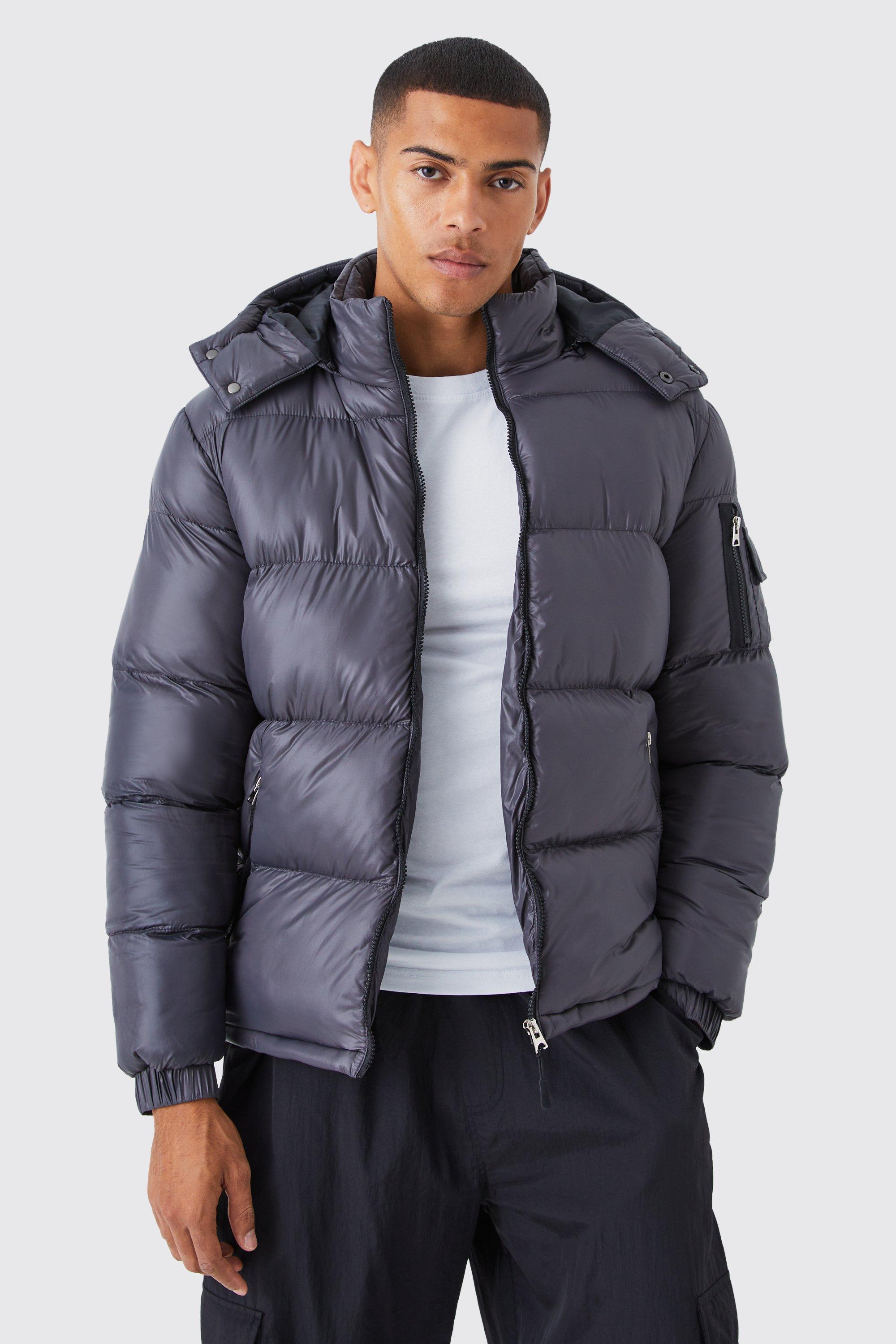 High Shine Hooded Puffer in Grey | boohooMAN USA Product Image