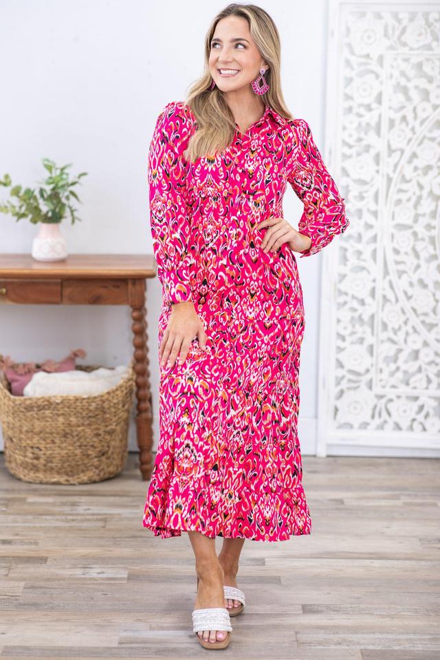 Fuchsia Abstract Print Long Sleeve Maxi Dress Product Image