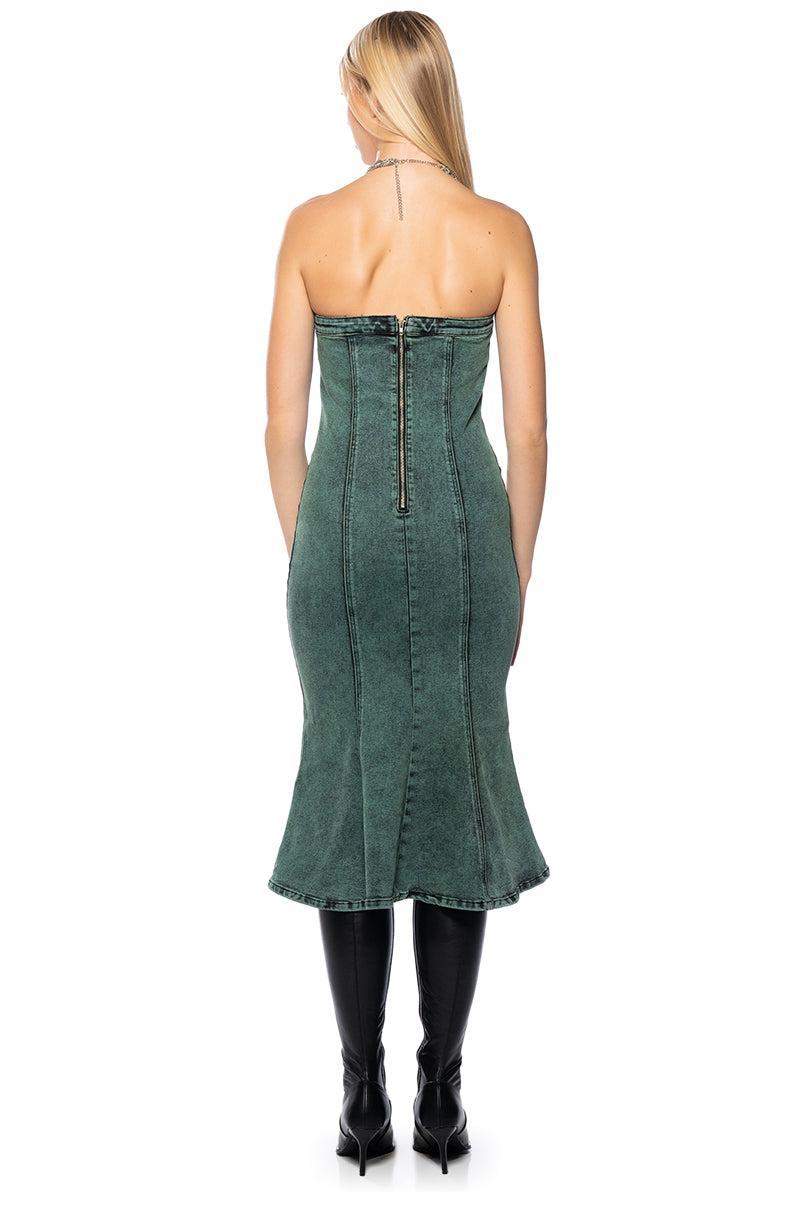 SEEING GREEN STRAPLESS WASHED DENIM MIDI DRESS Product Image