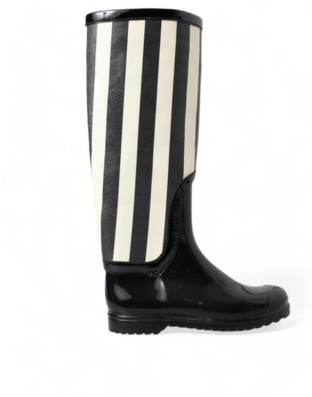 DOLCE & GABBANA Black Rubber Knee High Flat Boots Shoes In Black And White Product Image