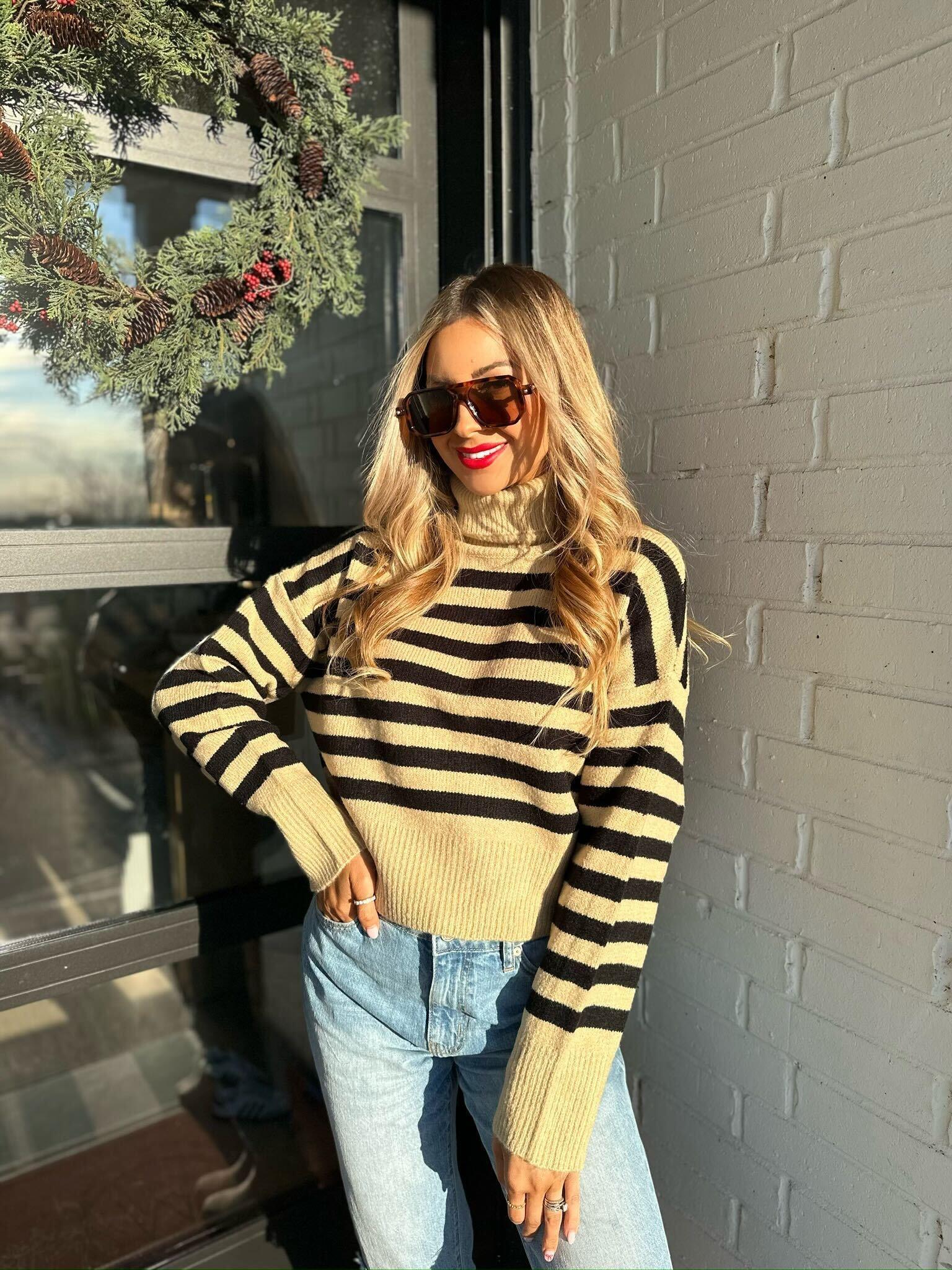 Beige and Black Striped Turtleneck Sweater Female Product Image