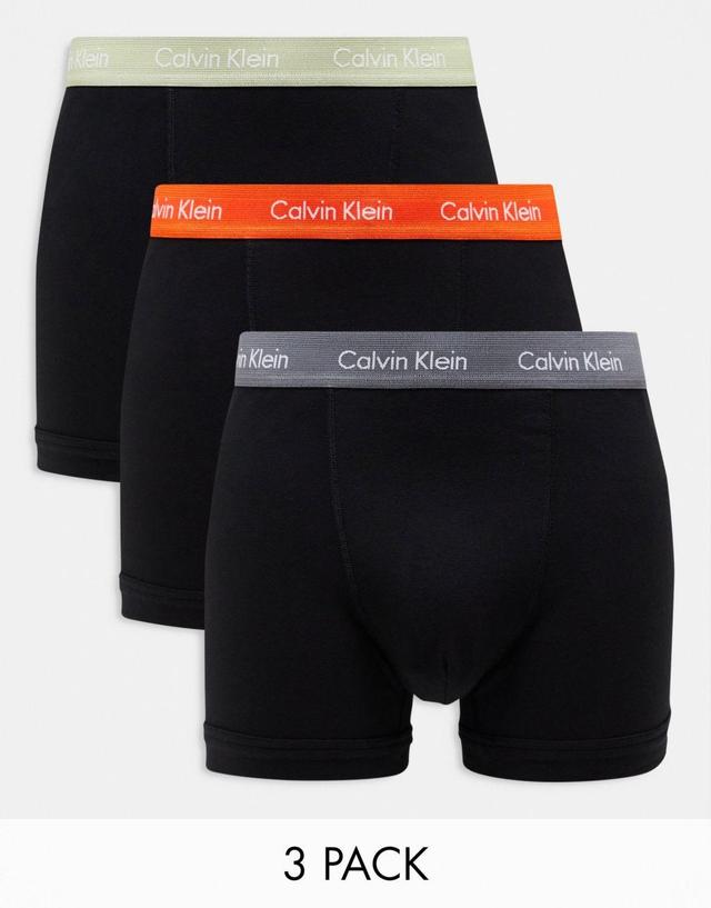 Calvin Klein cotton stretch trunks 3 pack in black with colored waistband Product Image